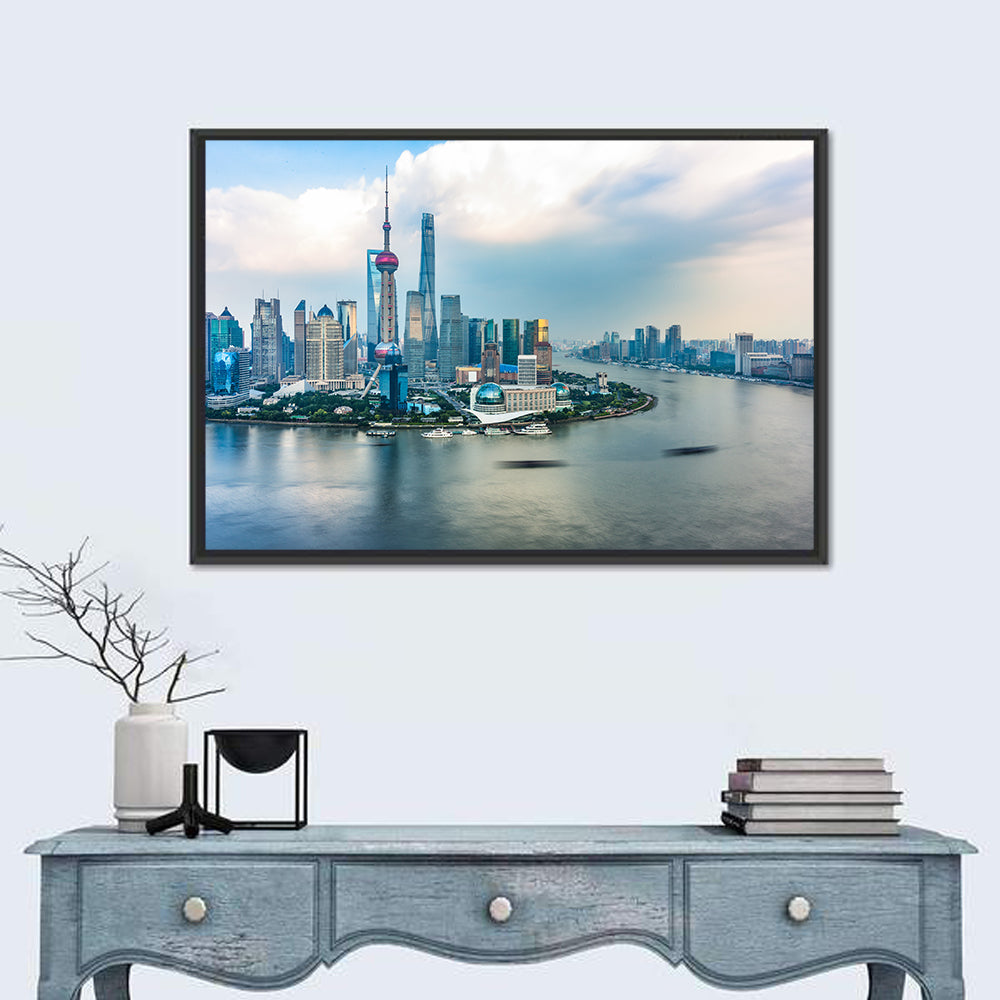 Shanghai Bund Skyline with Oriental Pearl Tower Wall Art in a room, landscape