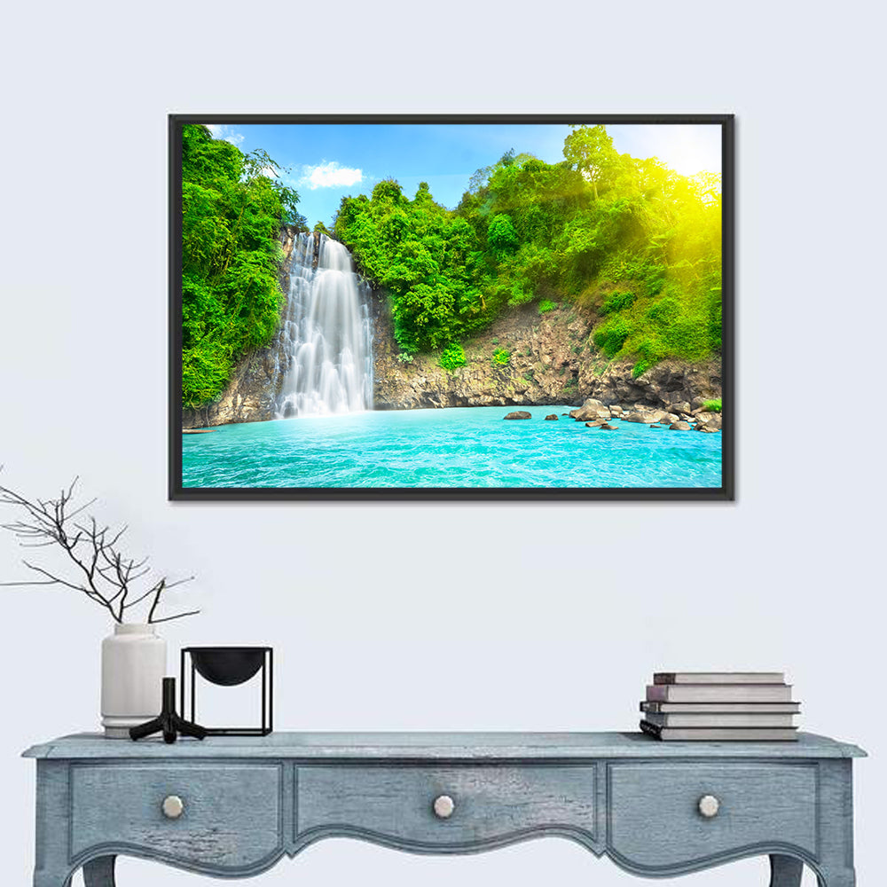 Dambri Waterfall Turquoise Pool Wall Art in a room, landscape