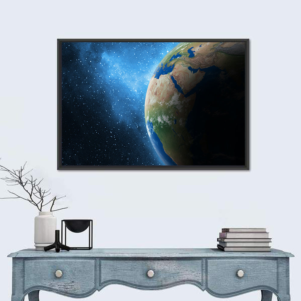 Earth and Galaxy Closeup Wall Art in a room, landscape