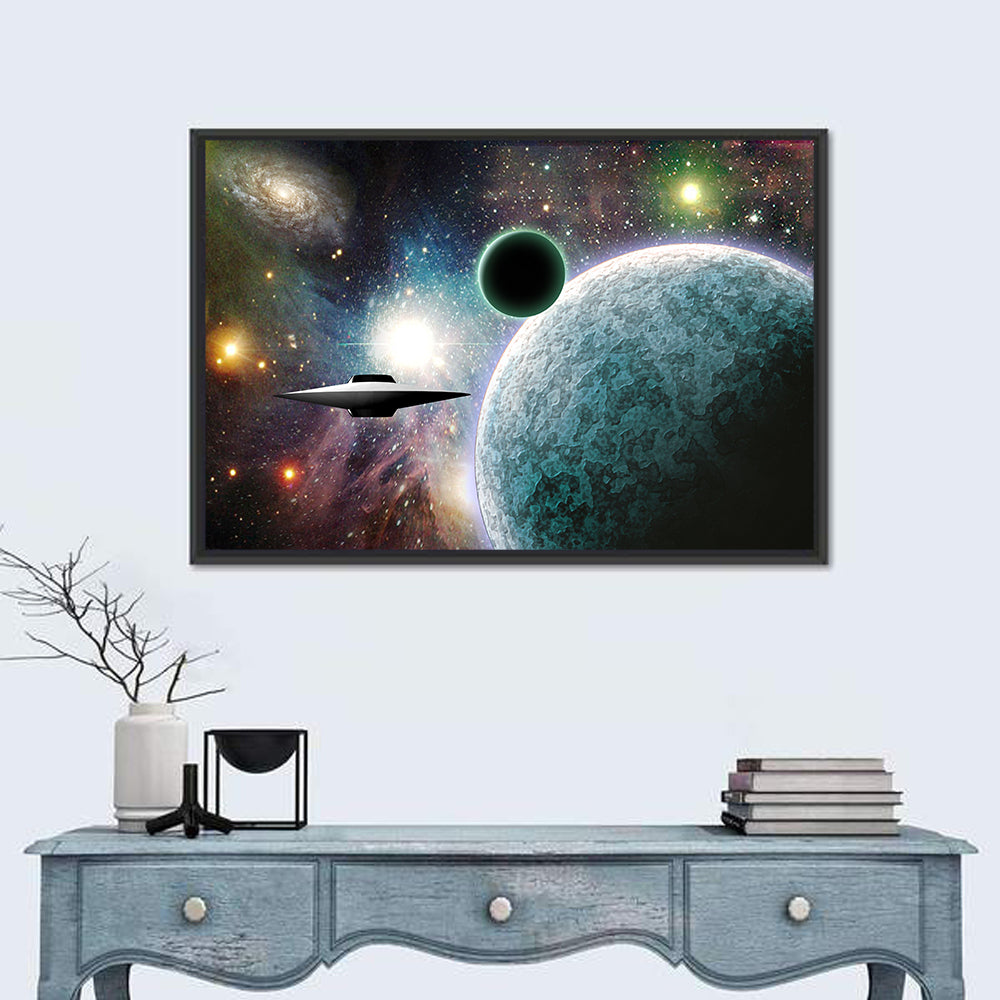 Saucer Near Cratered Planet Wall Art in a room, landscape