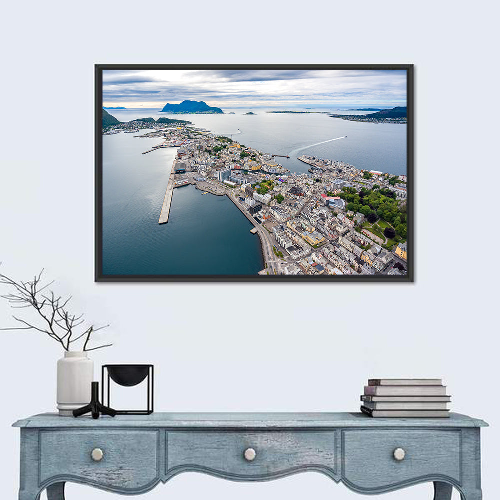 Aksla View Over Ålesund Harbor Wall Art in a room, landscape