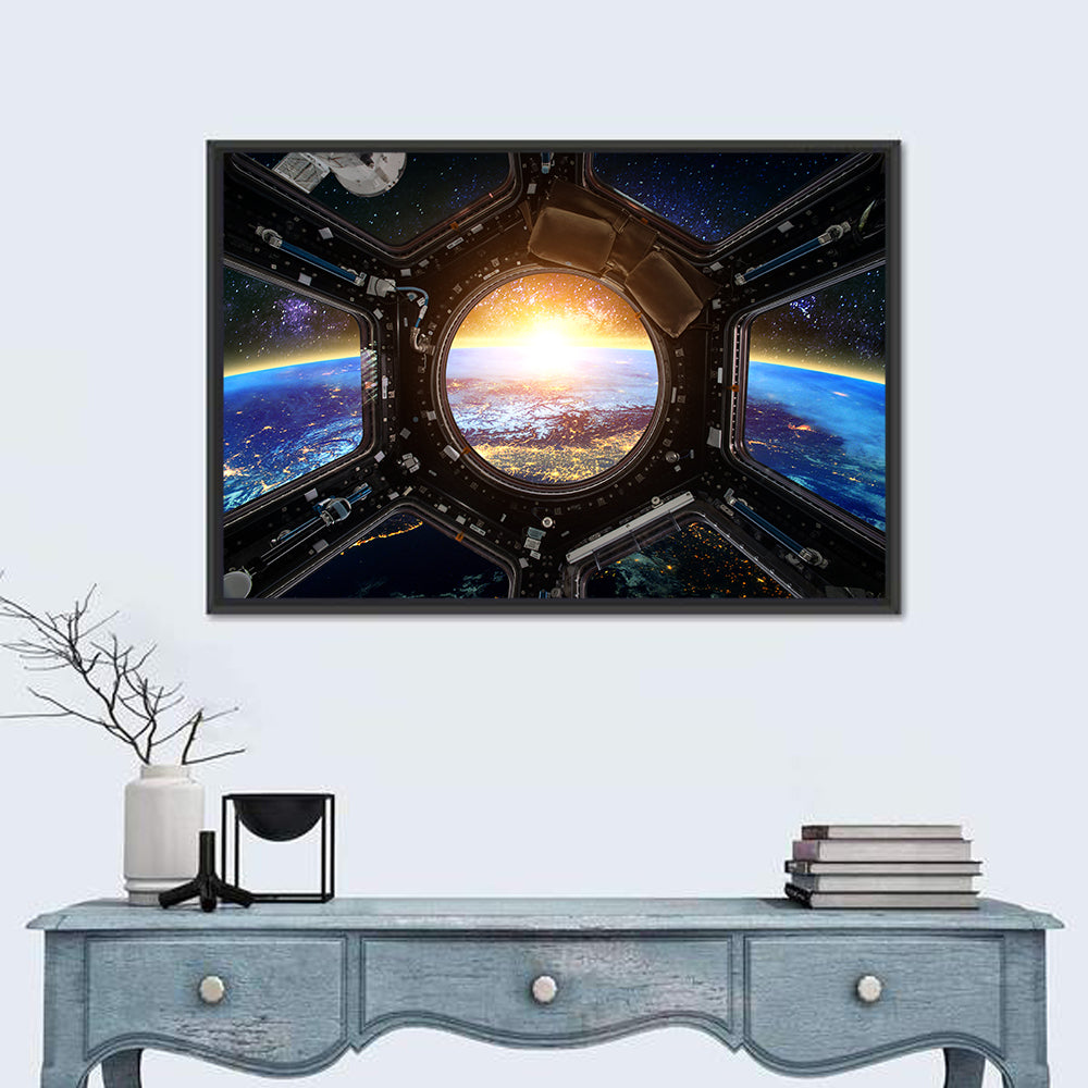 Earthrise Through Spacecraft Window Wall Art in a room, landscape