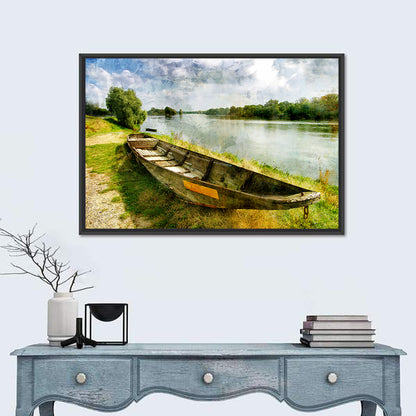 Weathered Wooden Boat on Riverbank Wall Art