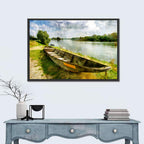 Weathered Wooden Boat on Riverbank Wall Art