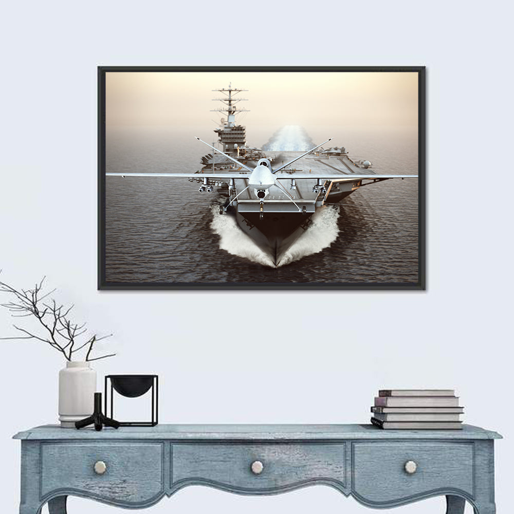 Drone Over Aircraft Carrier Wall Art in a room, landscape