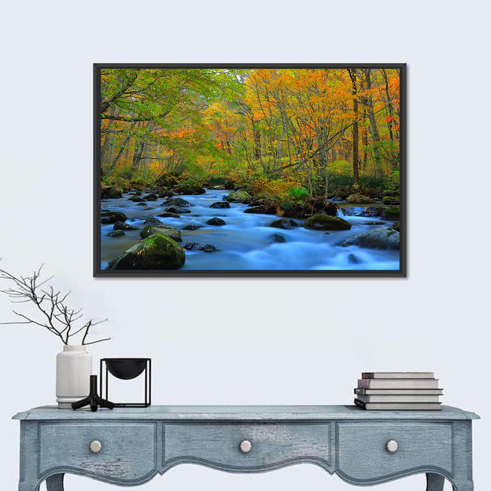 Oirase Gorge Autumn Stream Wall Art in a room, landscape