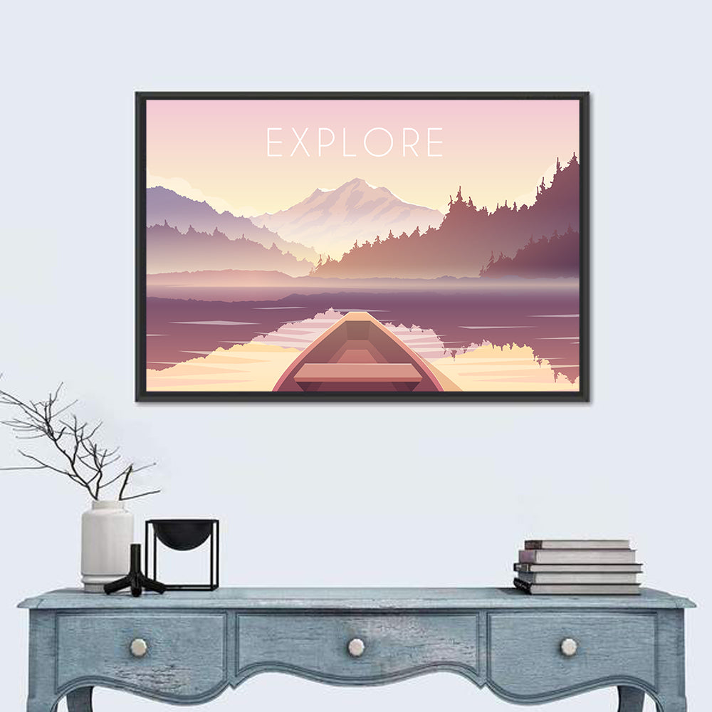 Explore Mountain Lake Sailing Illustration Wall Art