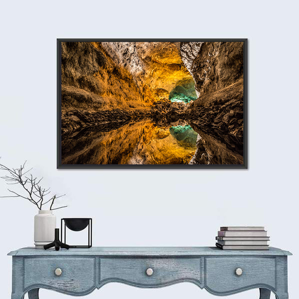 Glowing Green Cave Reflection Wall Art in a room, landscape