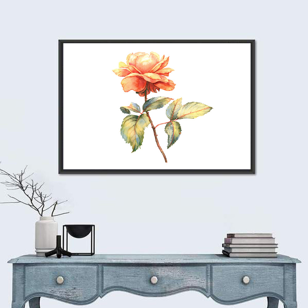 Orange Watercolor Rose Illustration Wall Art in a room, landscape