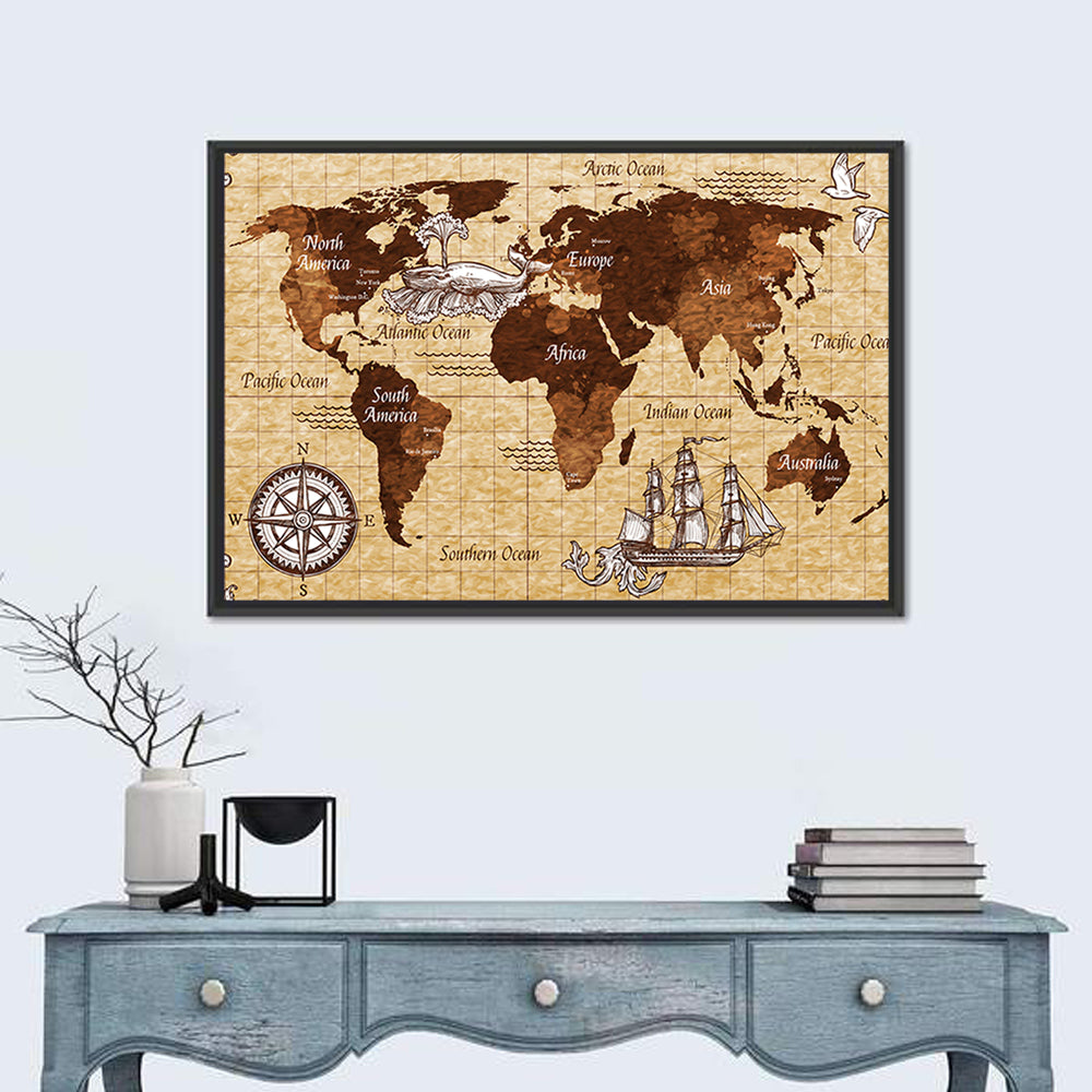 Vintage Nautical World Map Wall Art