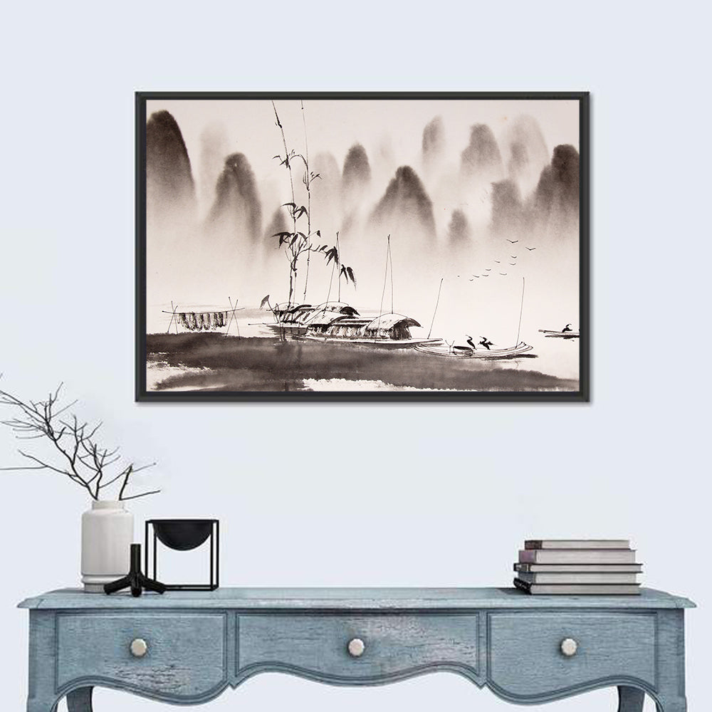 Misty Ink Wash Fishing Boats Wall Art in a room, landscape