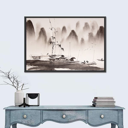 Misty Ink Wash Fishing Boats Wall Art