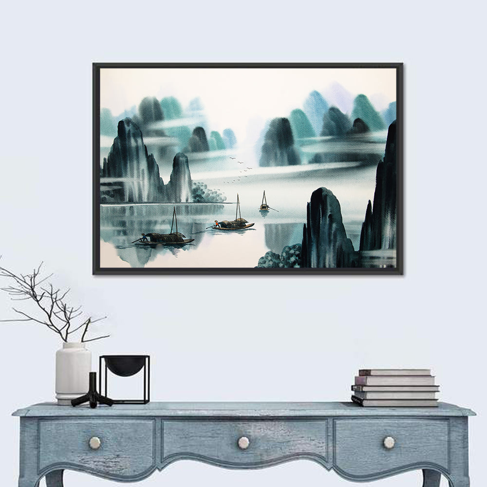 Misty Mountain Lake with Boats Wall Art in a room, landscape