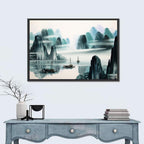 Misty Mountain Lake with Boats Wall Art