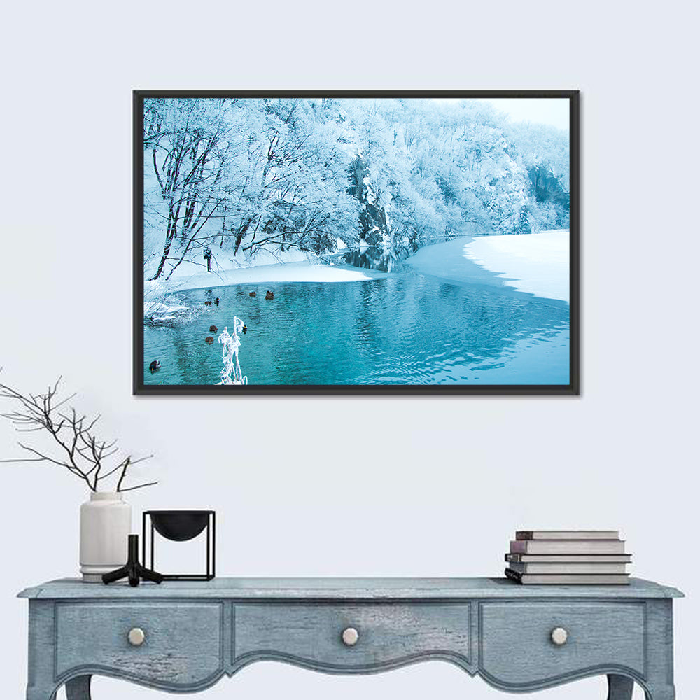 Frozen Lake in Plitvice Wall Art in a room, landscape