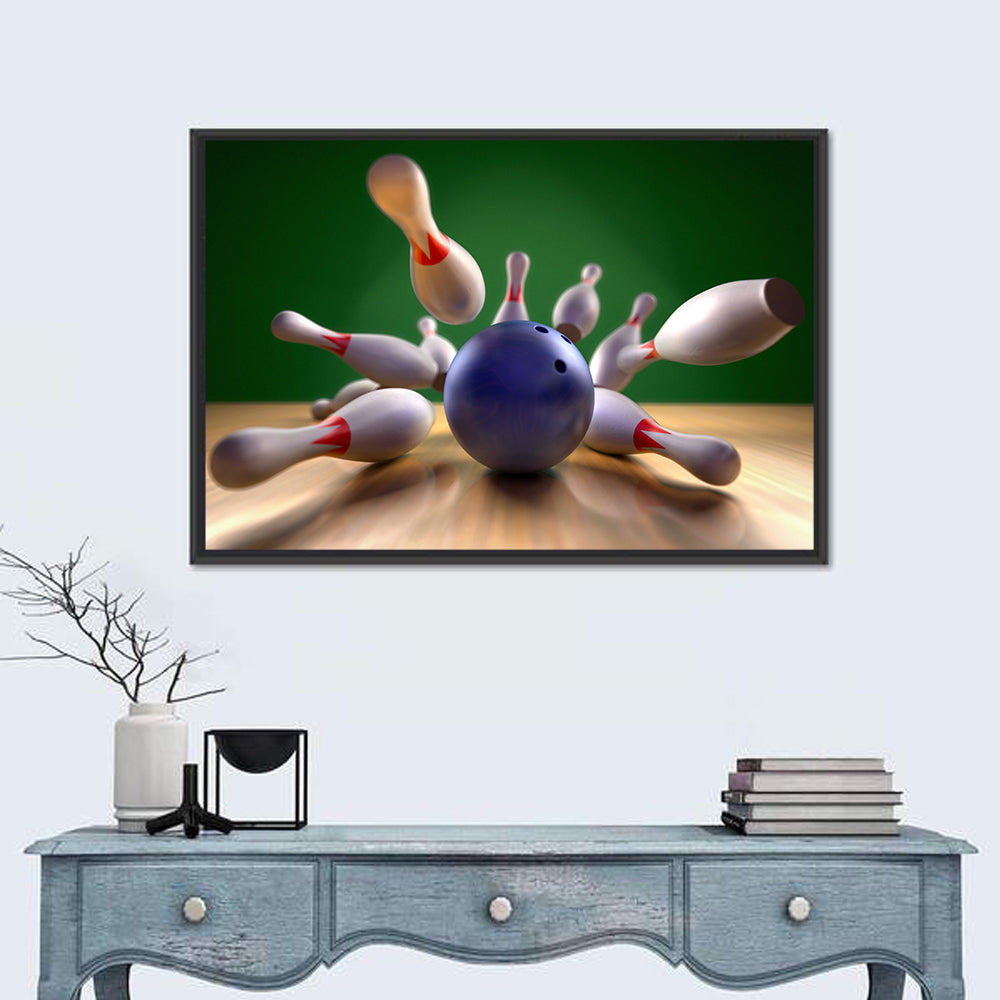 Blue Bowling Ball Hitting Pins Wall Art in a room, landscape