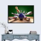 Blue Bowling Ball Hitting Pins Wall Art
