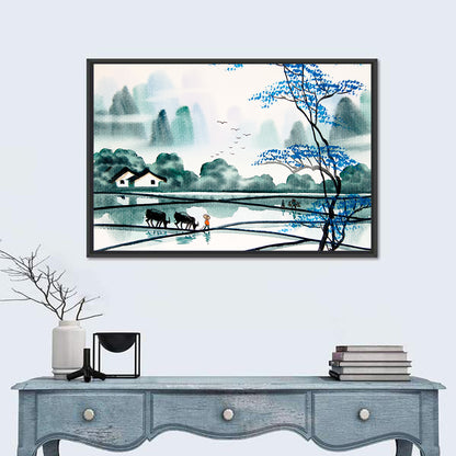 Blue Tree Over Rice Paddies Wall Art