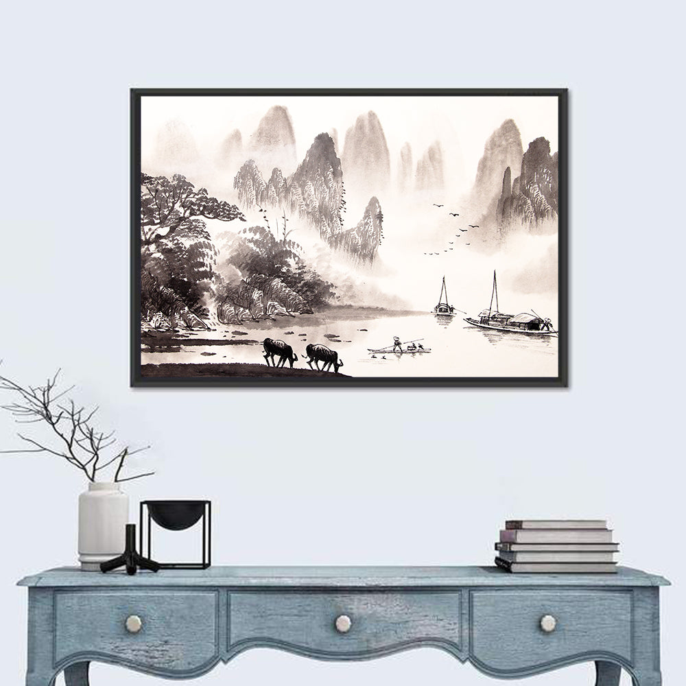 Misty Mountain Ink Wash Landscape Wall Art
