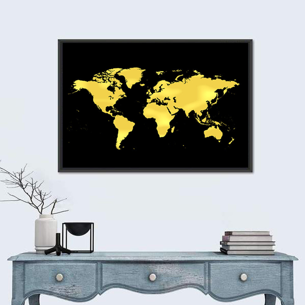 Metallic Gold World Map Wall Art in a room, landscape