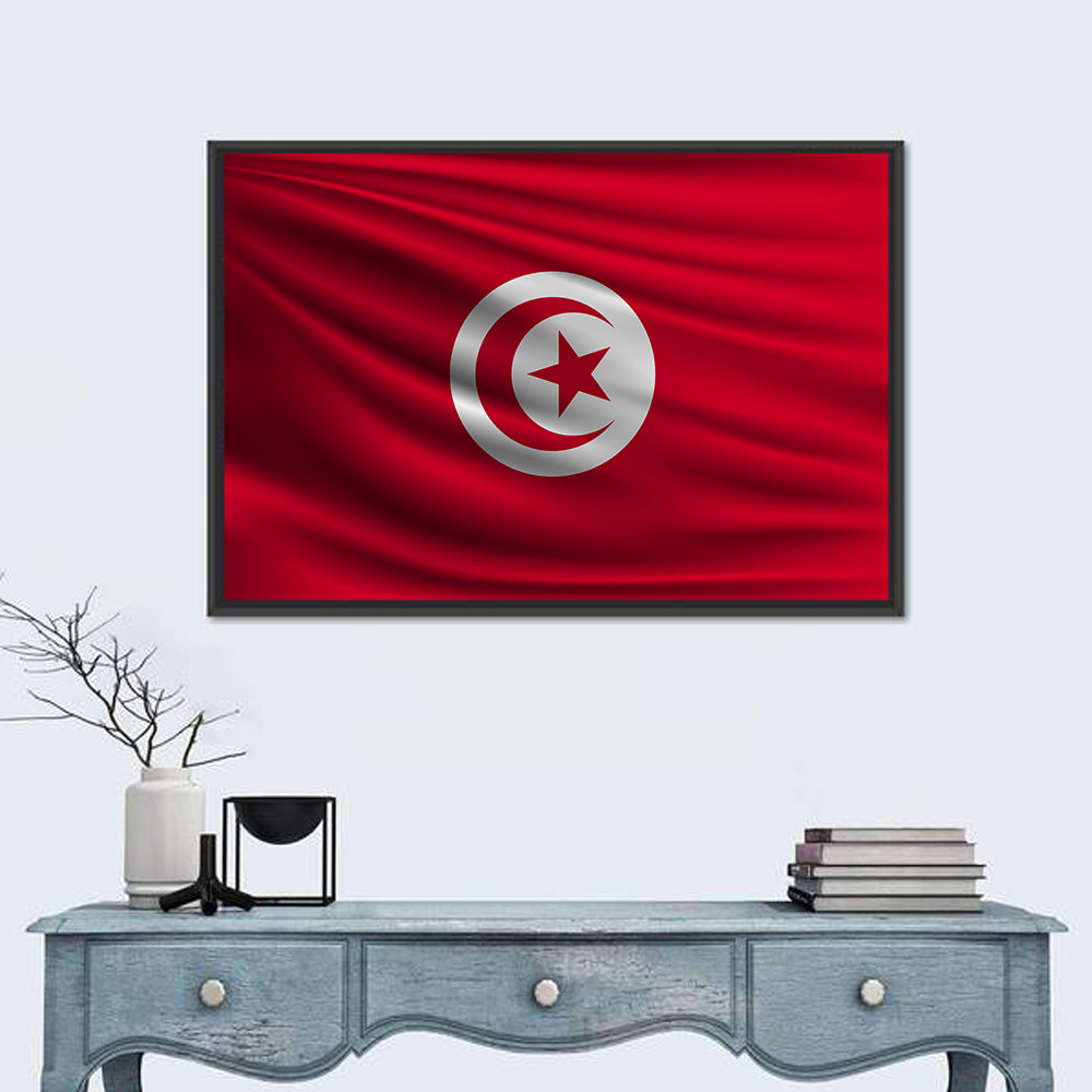 Tunisia Flag with Crescent and Star Wall Art in a room, landscape