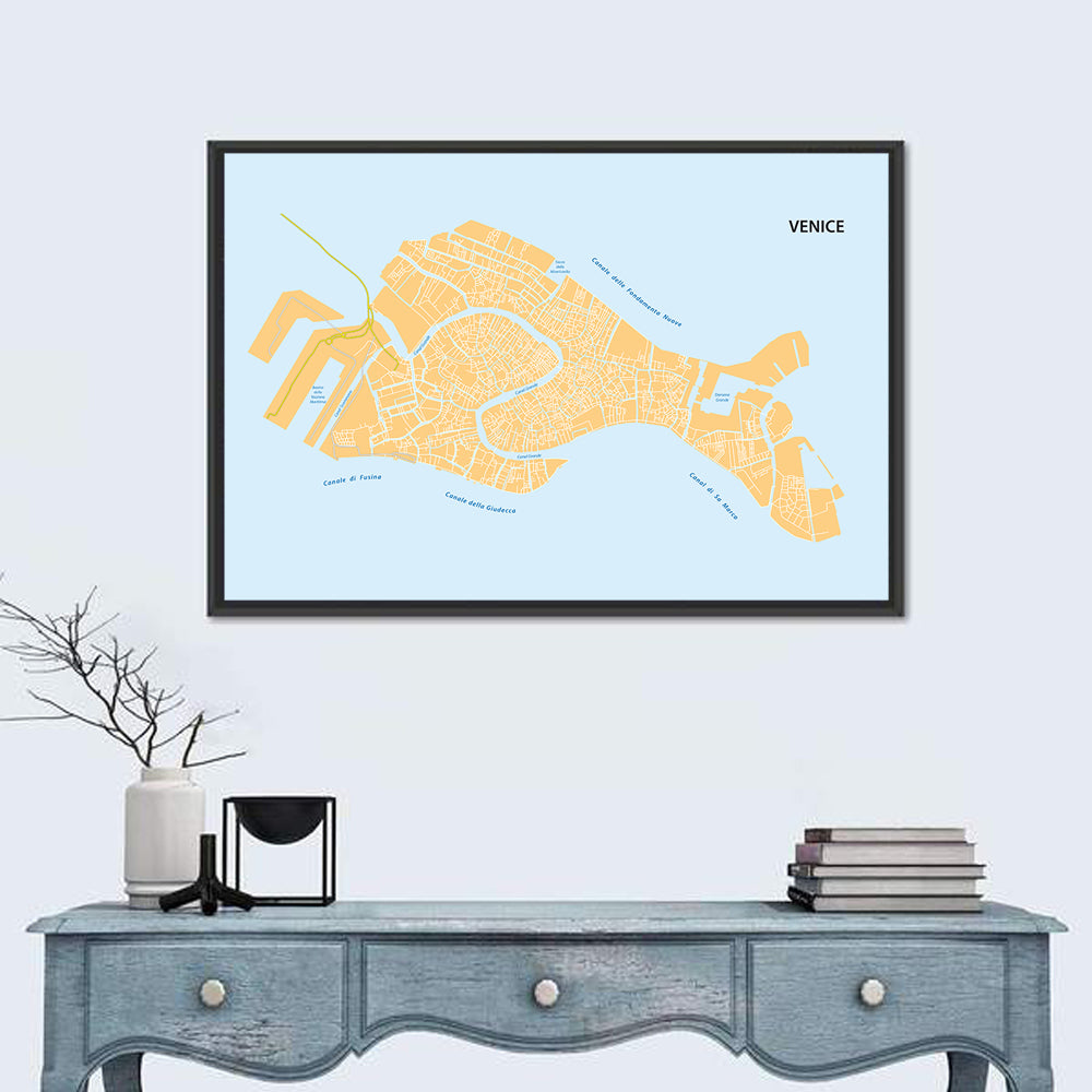 Venice Canal Map, Light Blue and Orange Wall Art