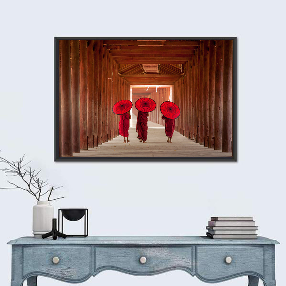 Novice Monks with Red Umbrellas Wall Art