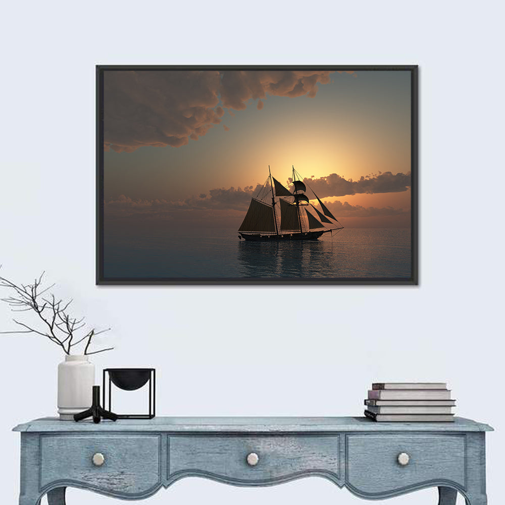Schooner Silhouette at Sunset Wall Art in a room, landscape