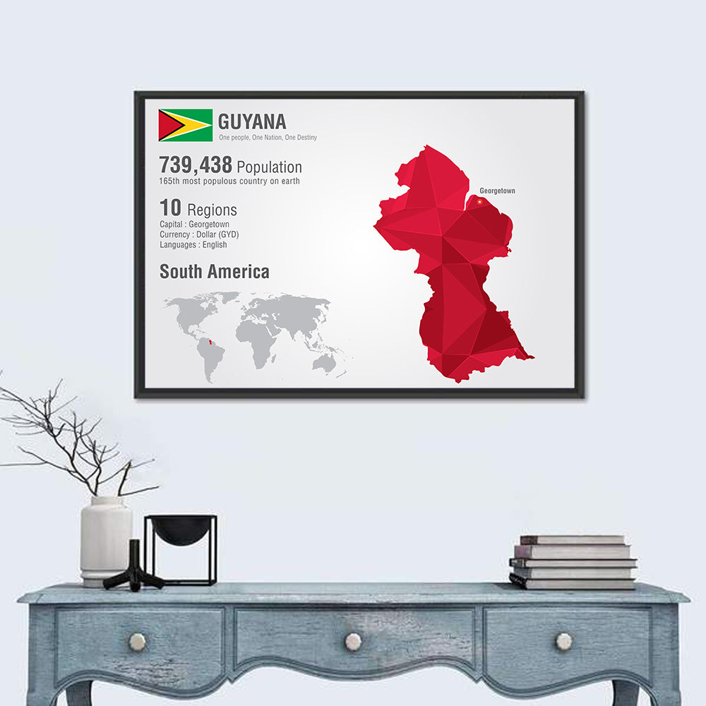 Guyana Low-poly Map Infographic Wall Art in a room, landscape