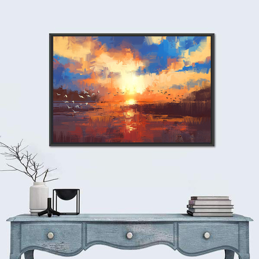 Golden Sunset Over Lake Wall Art in a room, landscape