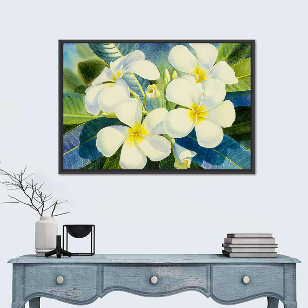 White Plumeria Watercolor Study Wall Art in a room, landscape