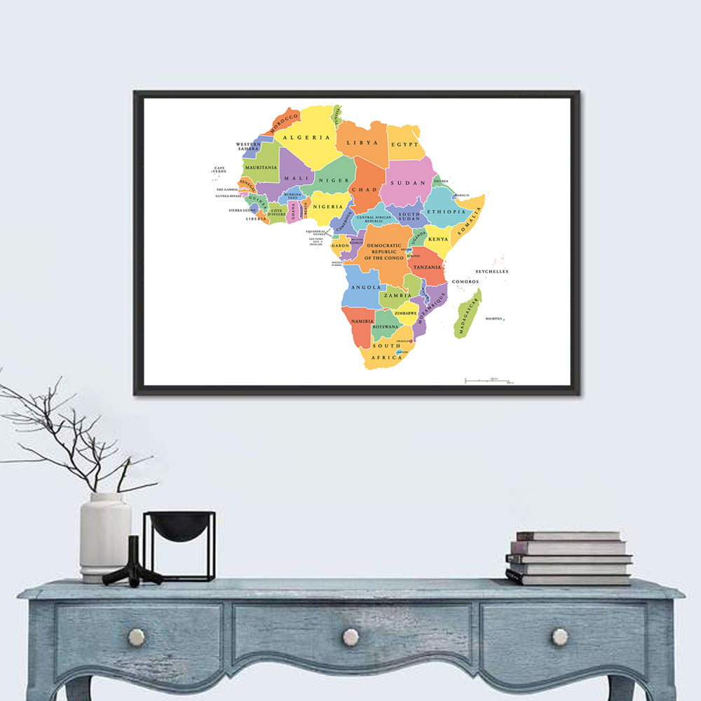 Colorful Africa Political Map Wall Art in a room, landscape