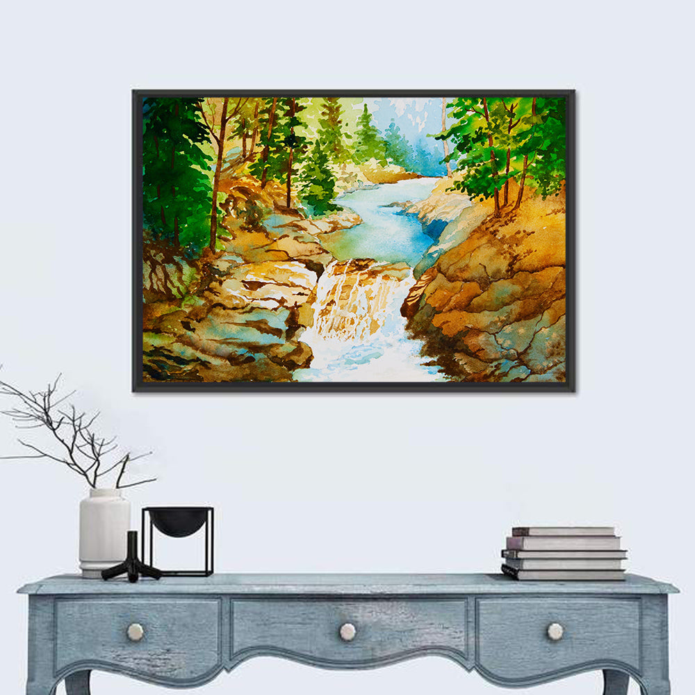 Mossy Forest Waterfall Wall Art in a room, landscape