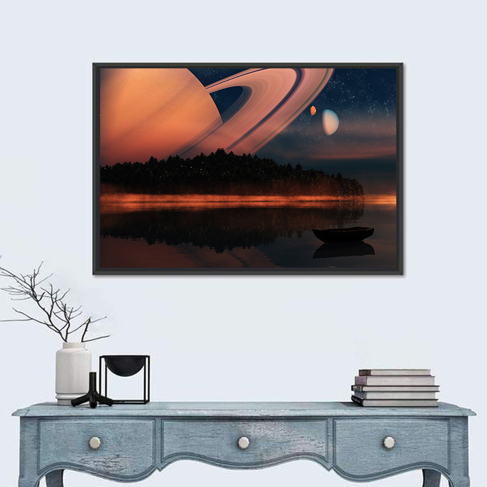 Ringed Planet Over Alien Lake Wall Art in a room, landscape