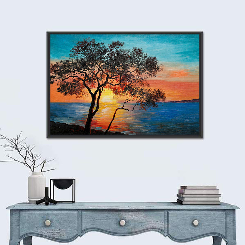 Lake Sunset with Twin Tree Silhouettes Wall Art