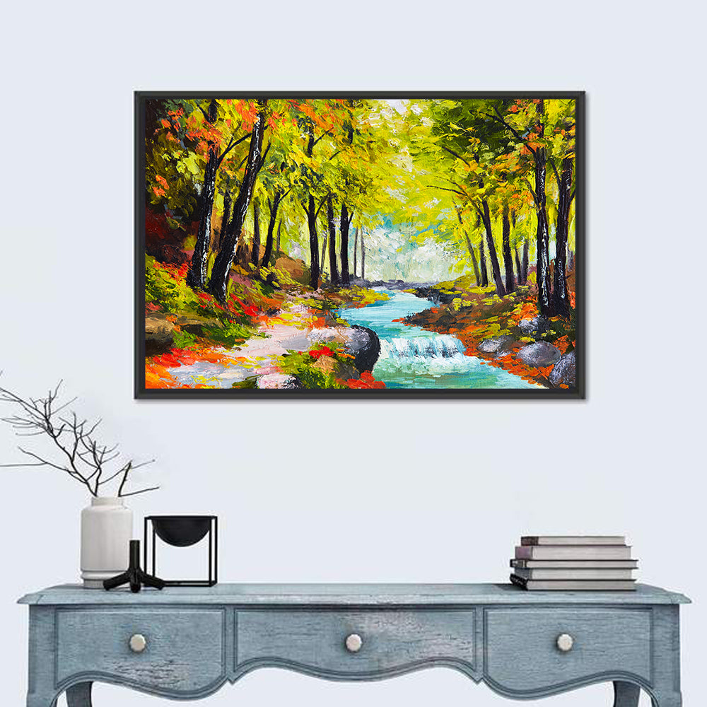 Winding Autumn Stream with Waterfall Wall Art