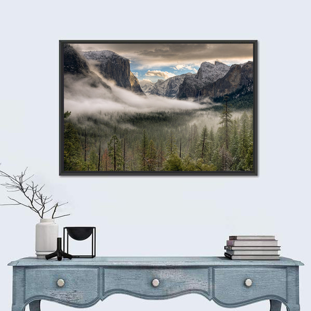 Misty Yosemite Valley Wall Art in a room, landscape