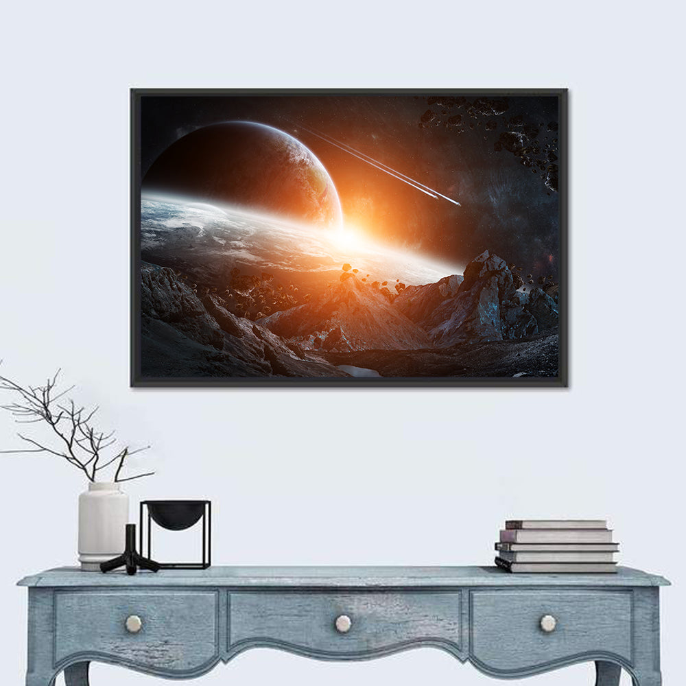 Gigantic Asteroids Over Ringed Planet Wall Art in a room, landscape