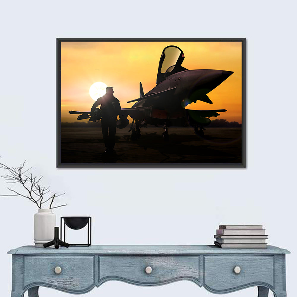 Pilot and Fighter Jet at Sunset Wall Art