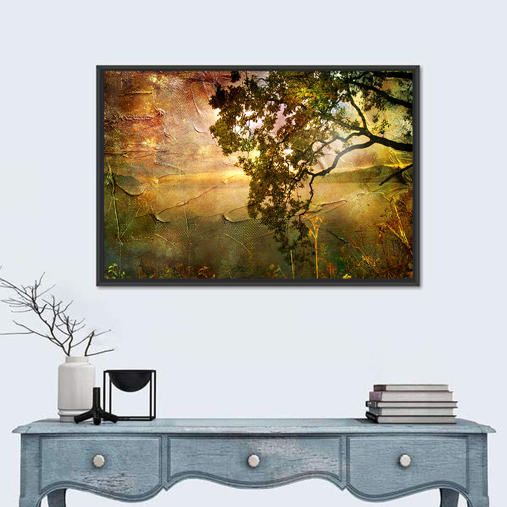 Autumn Lake Sunset Wall Art in a room, landscape
