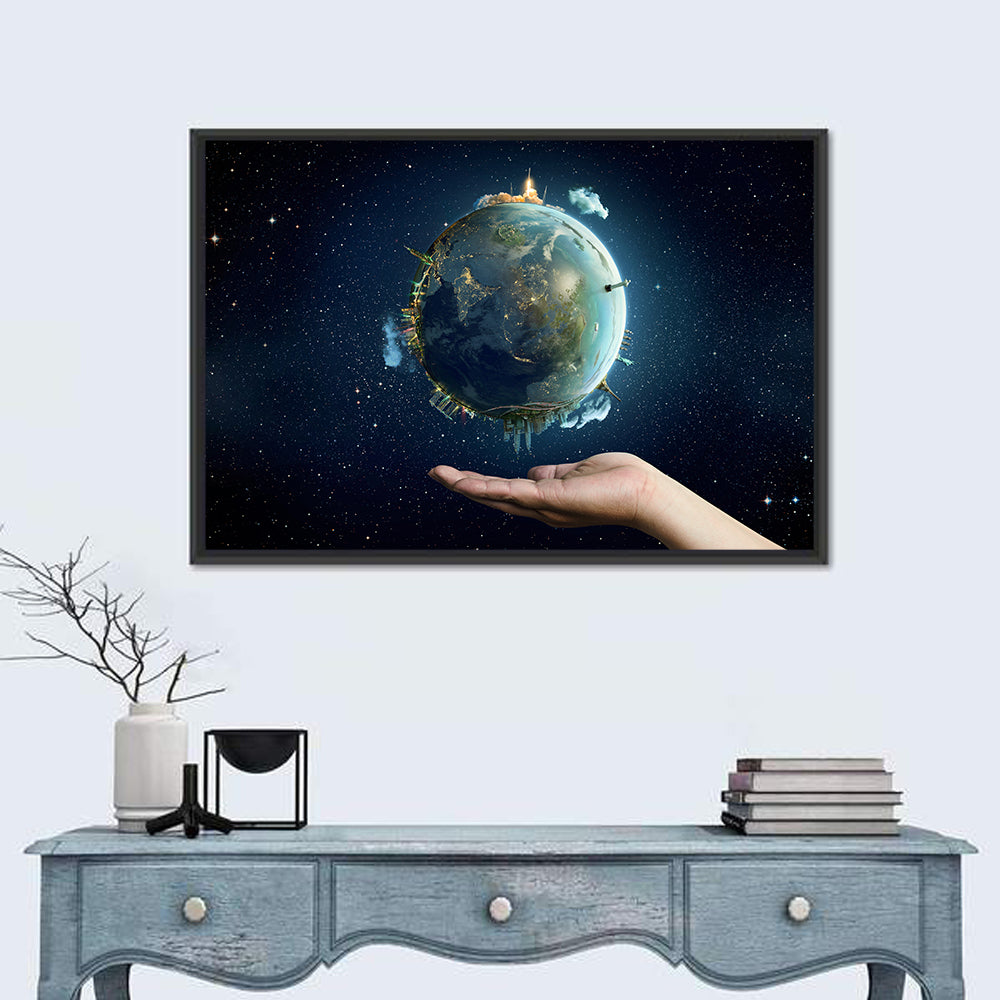 Earth Cradled in Palm with City Lights Wall Art