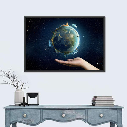 Earth Cradled in Palm with City Lights Wall Art
