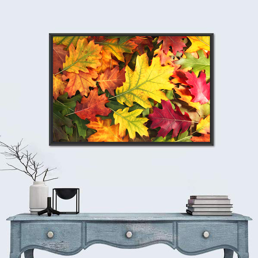 Painterly Autumn Oak Leaves Wall Art in a room, landscape
