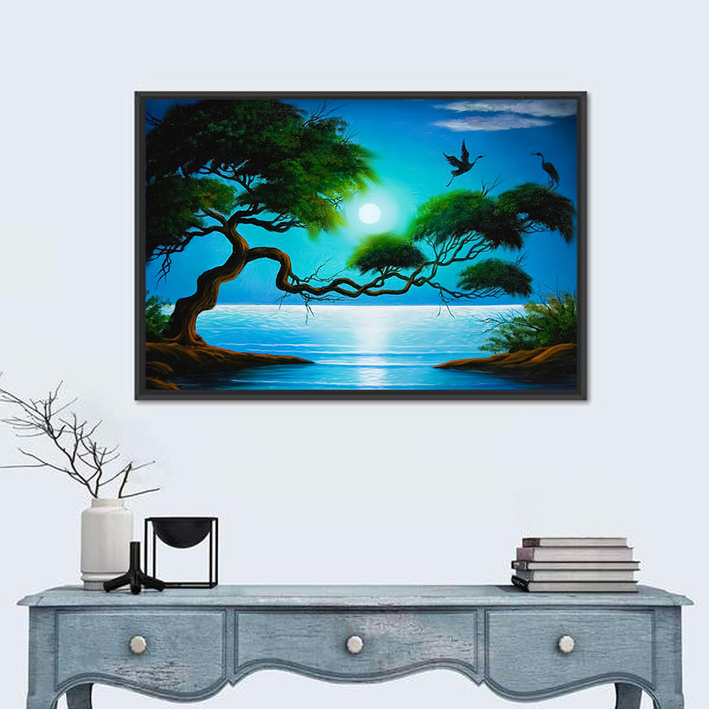Moonlit Coastal Tree with Storks Wall Art in a room, landscape