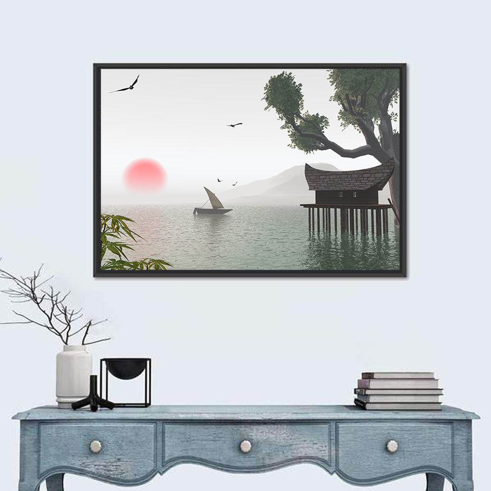 Red Sun Over Japanese Lake Wall Art