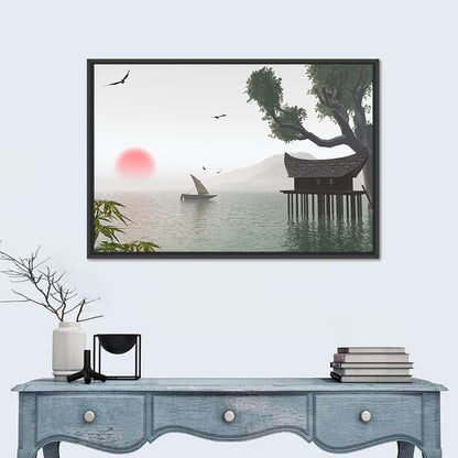 Red Sun Over Japanese Lake Wall Art