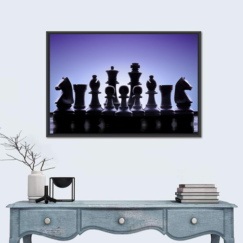Blue Backlit Chess Pieces Wall Art in a room, landscape