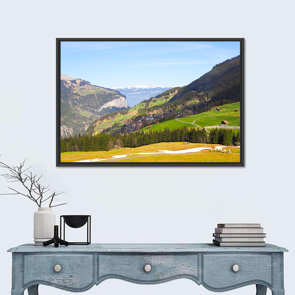 Jungfrau Snow-capped Mountain Landscape Wall Art in a room, landscape