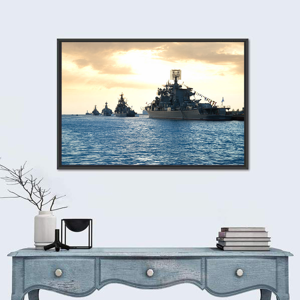Naval Fleet at Golden Sunset Wall Art in a room, landscape