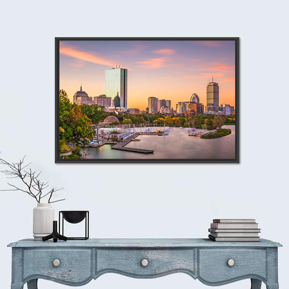 Boston Skyline at Sunset Wall Art in a room, landscape